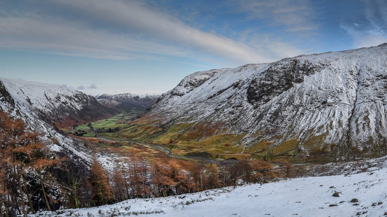 A wintry view of Seathwaite in the Duddon Valley, Cumbria